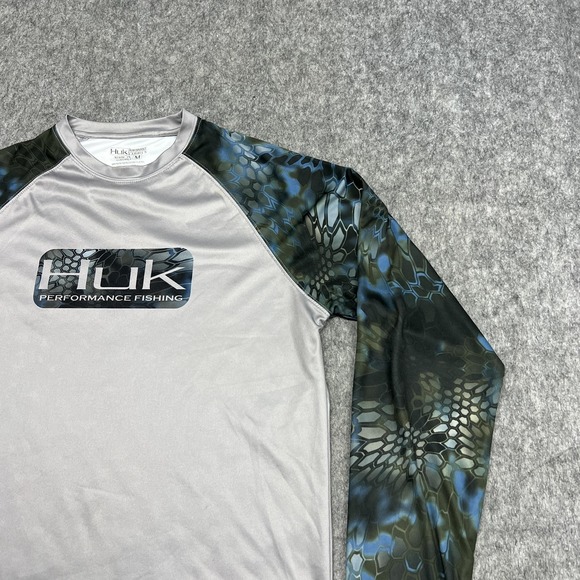 Huk Performance Fishing Shirt Mens M Gray Camo Raglan Long Sleeve Top Outdoors - Picture 6 of 16